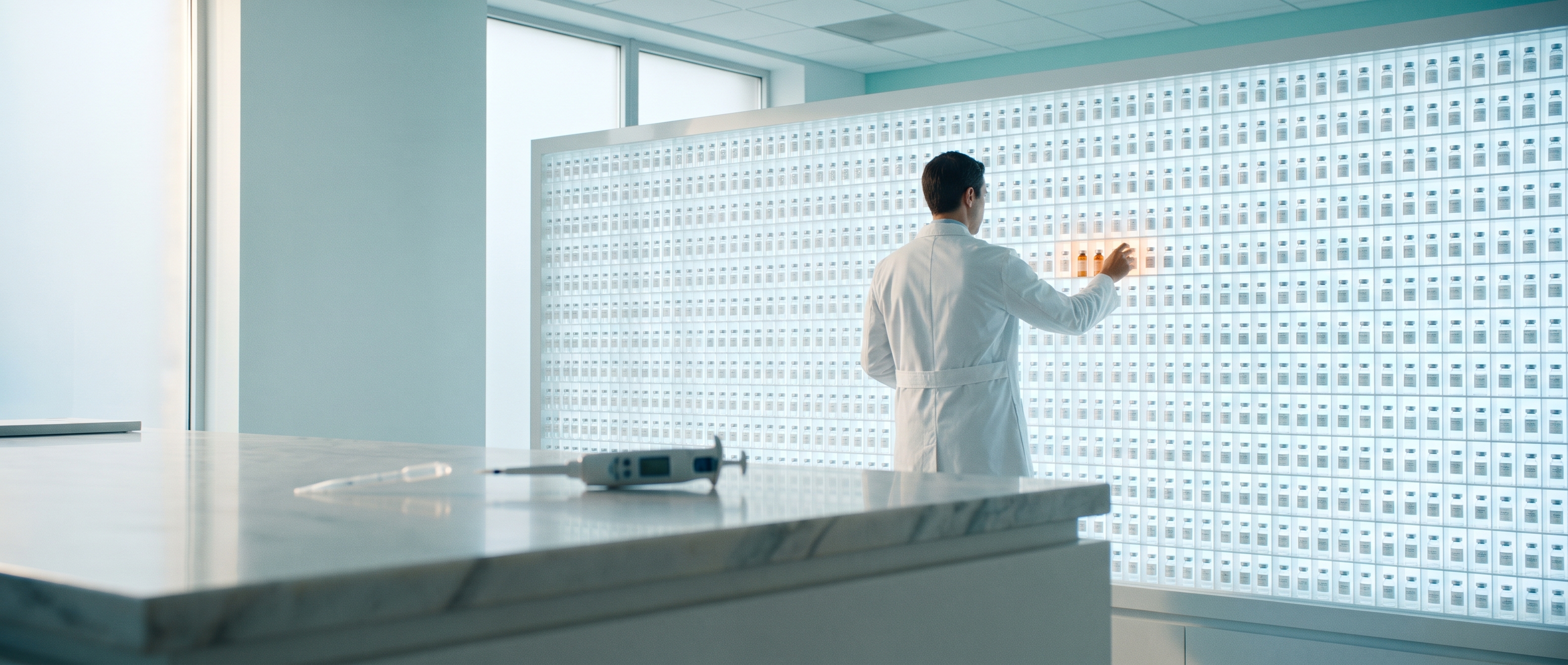 Backlit wall of thousands of tiny clear vials behind a marble counter, pharmacist touching a warm lit spot