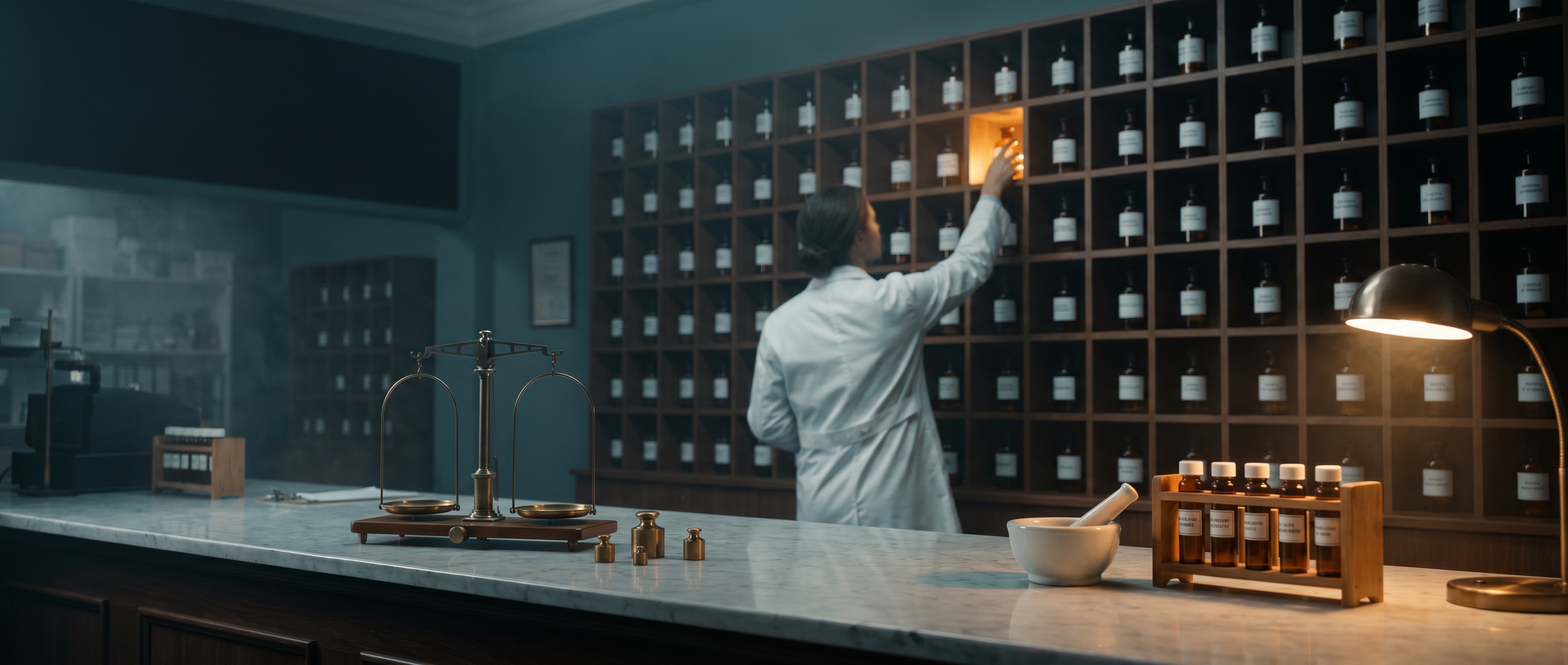 Pharmacist reaching to one lit compartment behind a marble pharmacy counter with scale and mortar