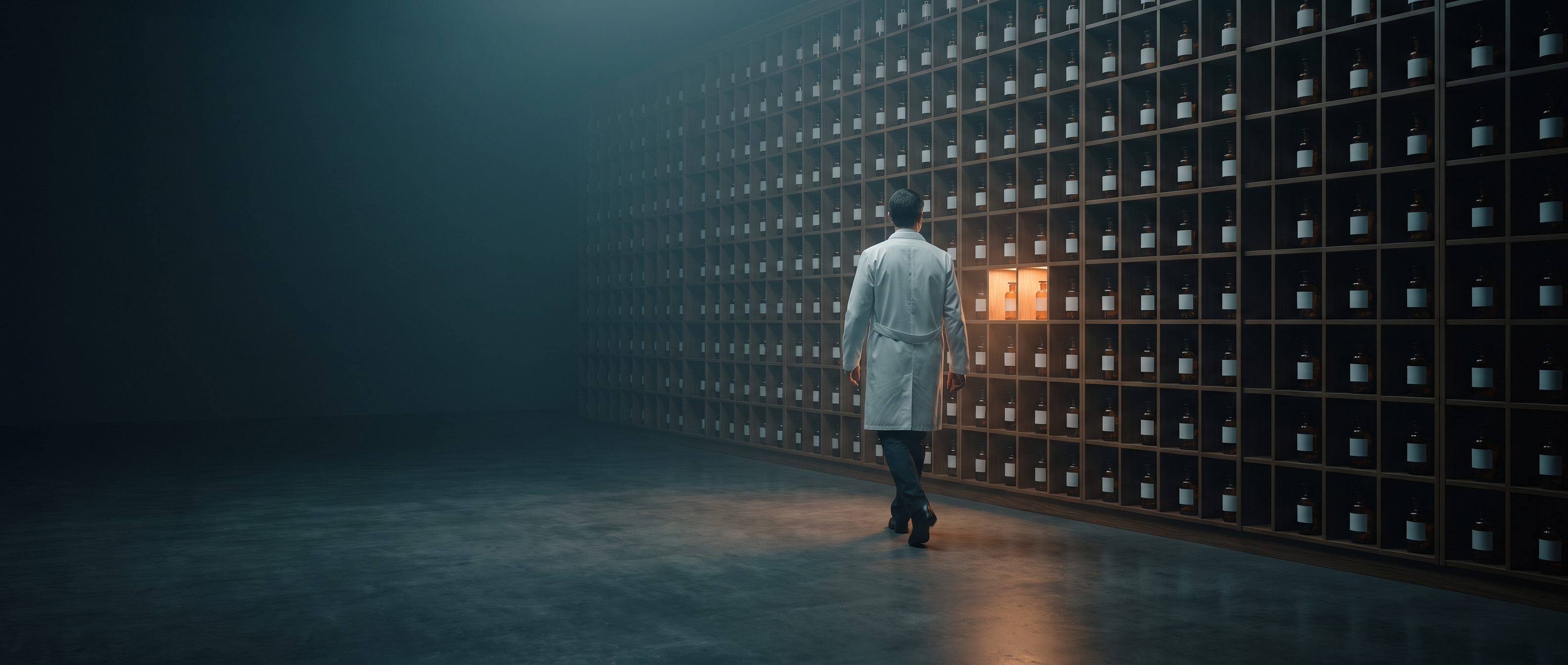 A pharmacist walking toward a wall of labeled medicine bottles, one compartment lit up