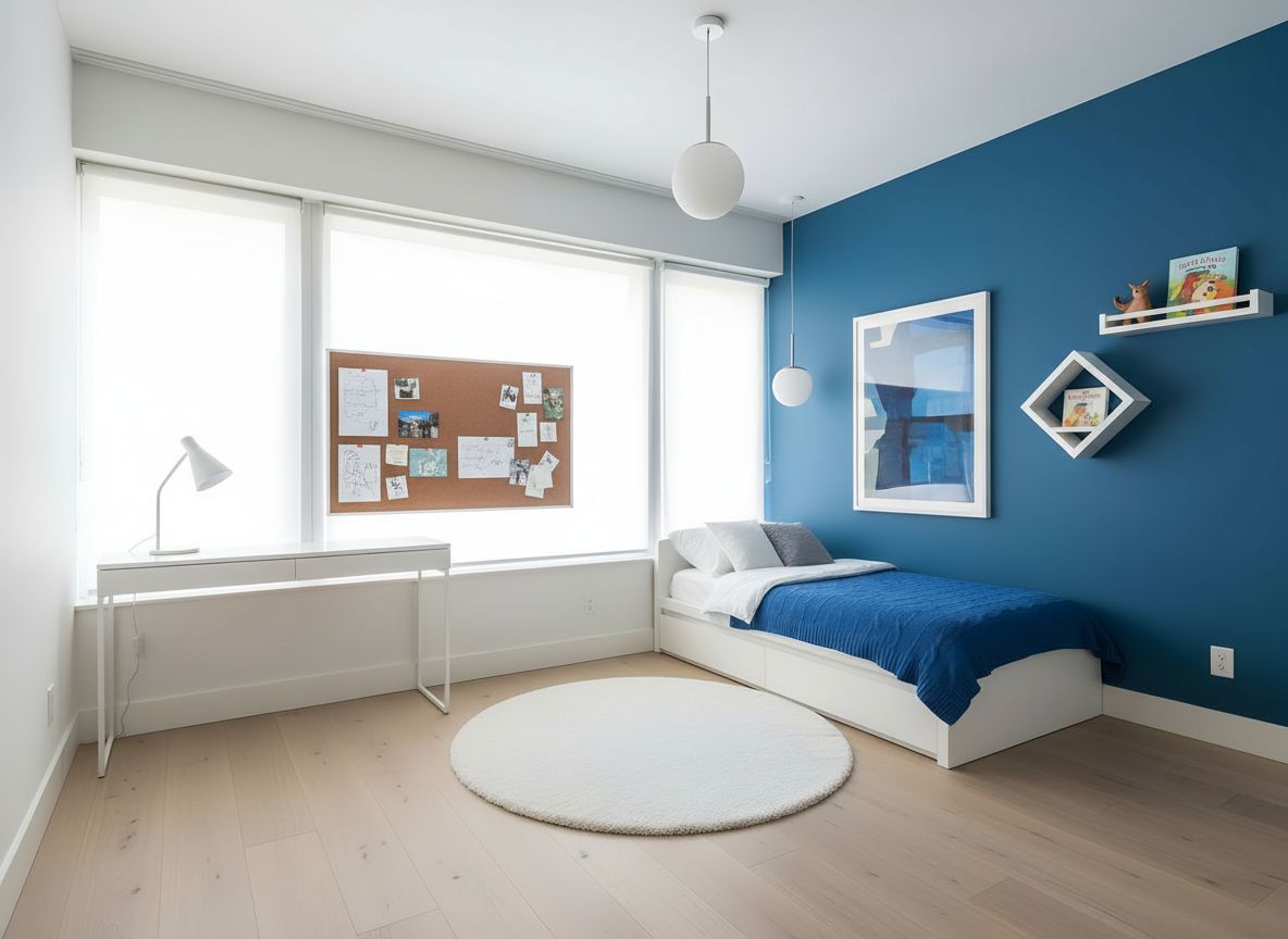view of the workspace and art wall: desk with a white surface, a compact lamp, corkboard, and a framed blue-toned art piece on a charcoal accent wall