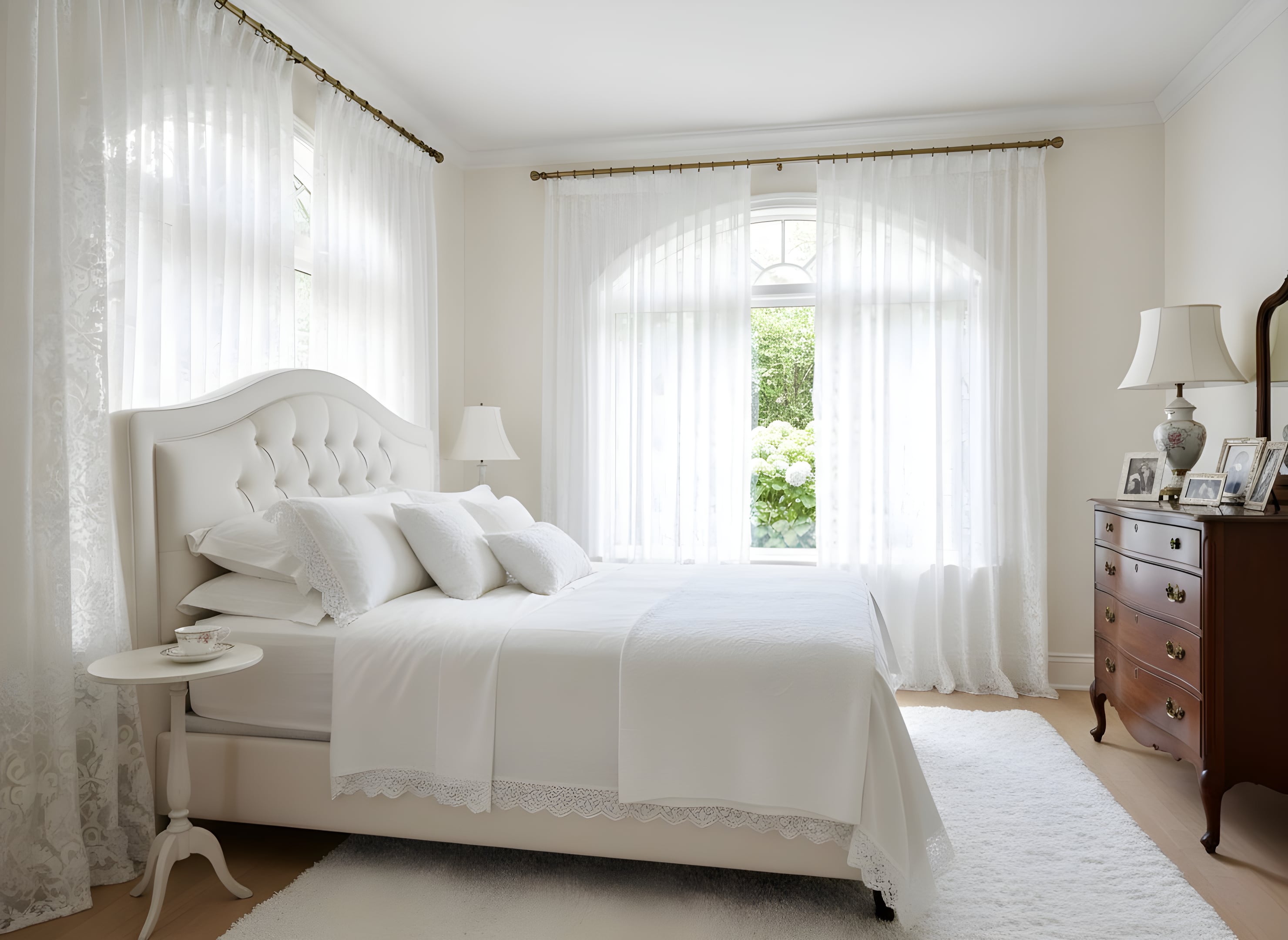 a professional architectural photograph of a vintage-inspired guest bedroom in white, featuring a white upholstered bed, delicate lace curtains, a mahogany dresser, and natural light from a large window