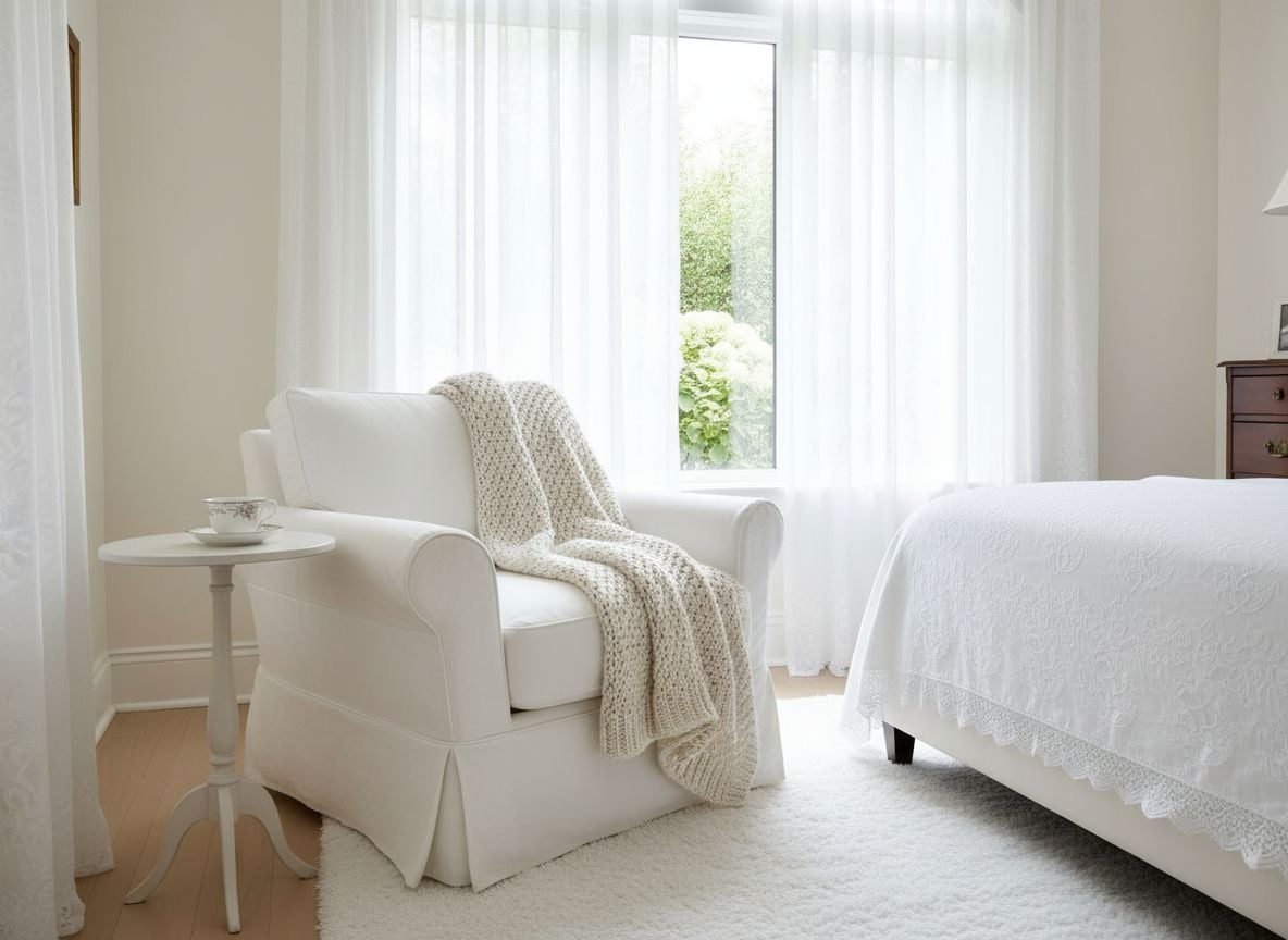 view of the reading nook by the window in the vintage white guest bedroom, showing a small round table, a cushioned chair, and a throw with subtle texture