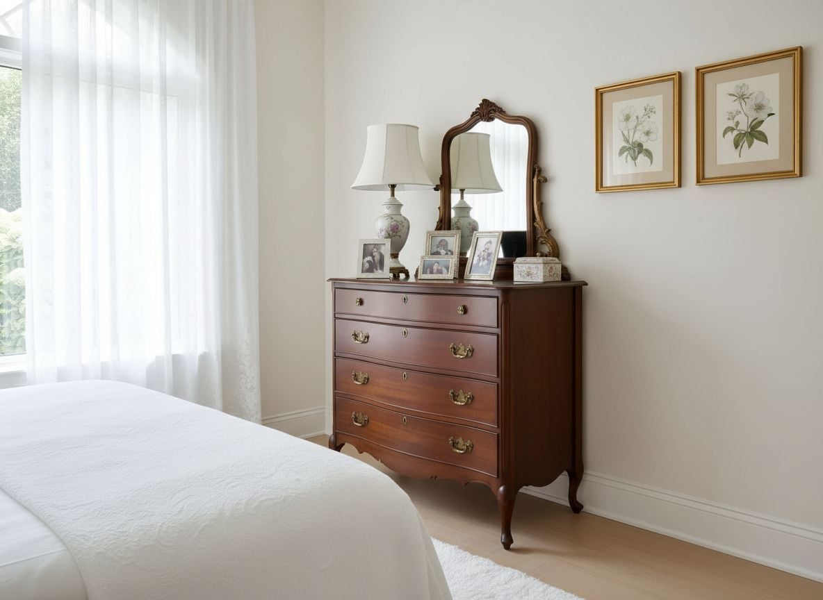 angle showing the dresser wall and wall art in the white vintage guest bedroom, highlighting a carved wooden dresser, framed prints, and a soft rug