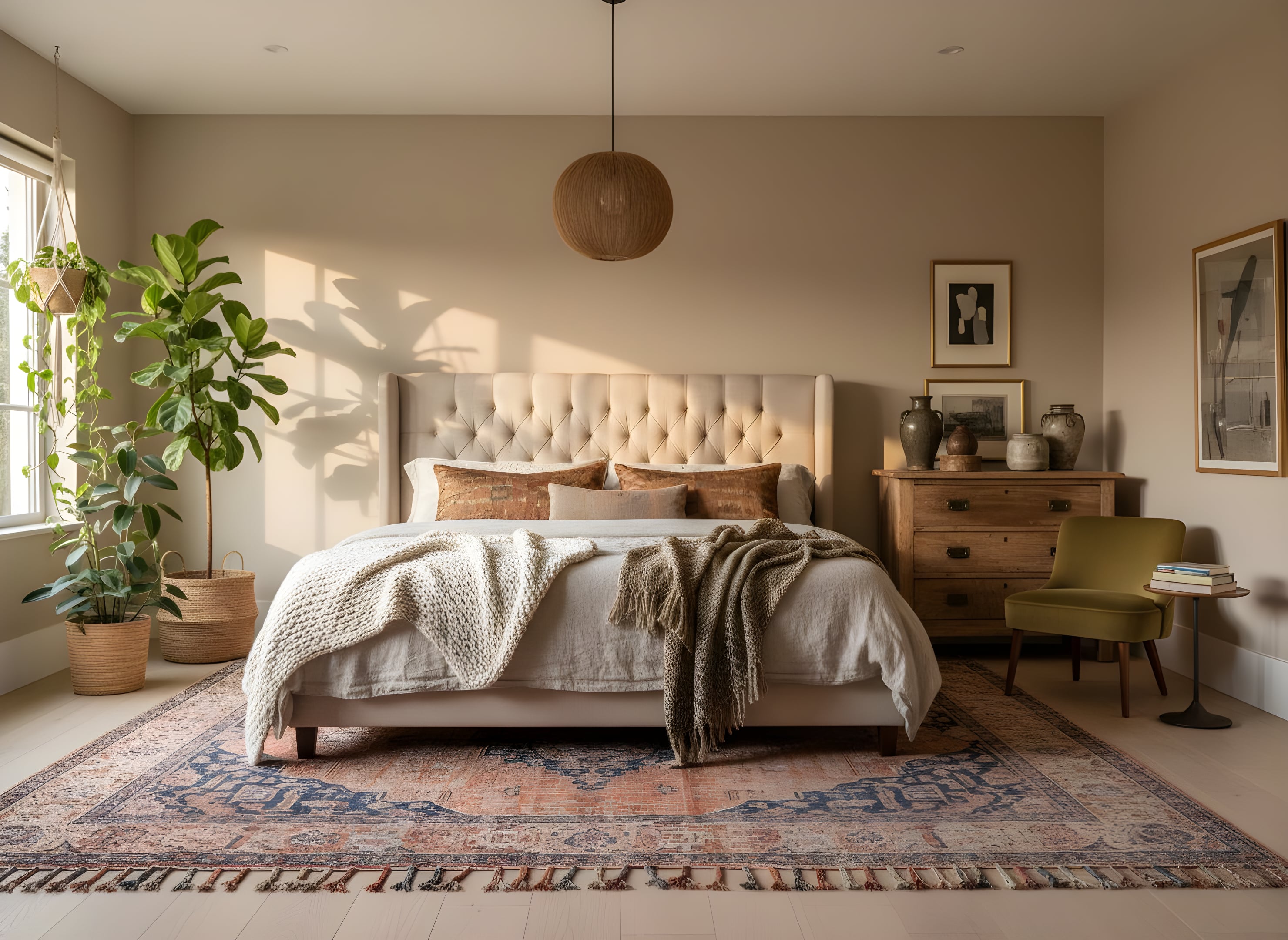 a professional architectural photograph of a master bedroom in eclectic style with beige walls, a tufted beige bed, layered textiles, a warm rug, and indoor plants illuminated by natural light