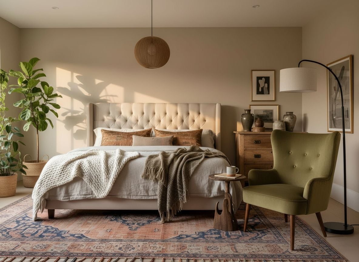 reading nook in the master bedroom showing a velvet armchair, a small wood side table, a tall floor lamp, and a woven rug beside a beige bed, viewed from the doorway