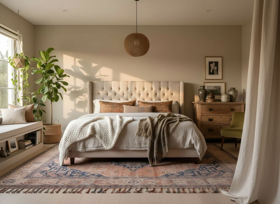 window seating area in the master bedroom with a built-in bench, cushions, a low shelf displaying art, and a large beige curtain framing a sunny window