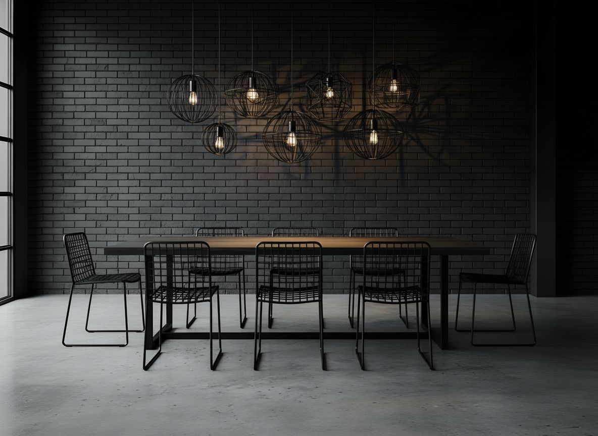 view of the dining area from the kitchen doorway showing a black dining table, wire pendant lights, and a cement floor