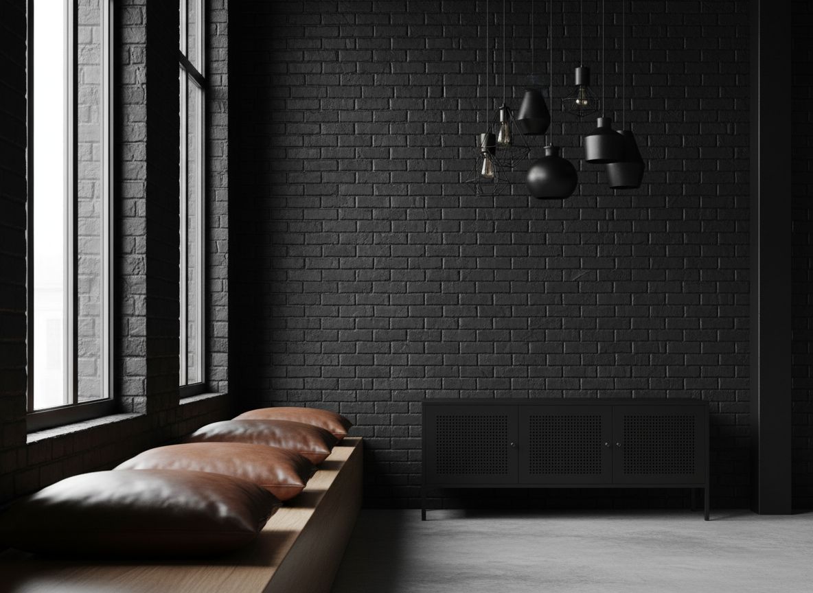 angle focusing on a wall with black brick, a window with natural light, a built-in bench with leather cushions, and a small metal credenza