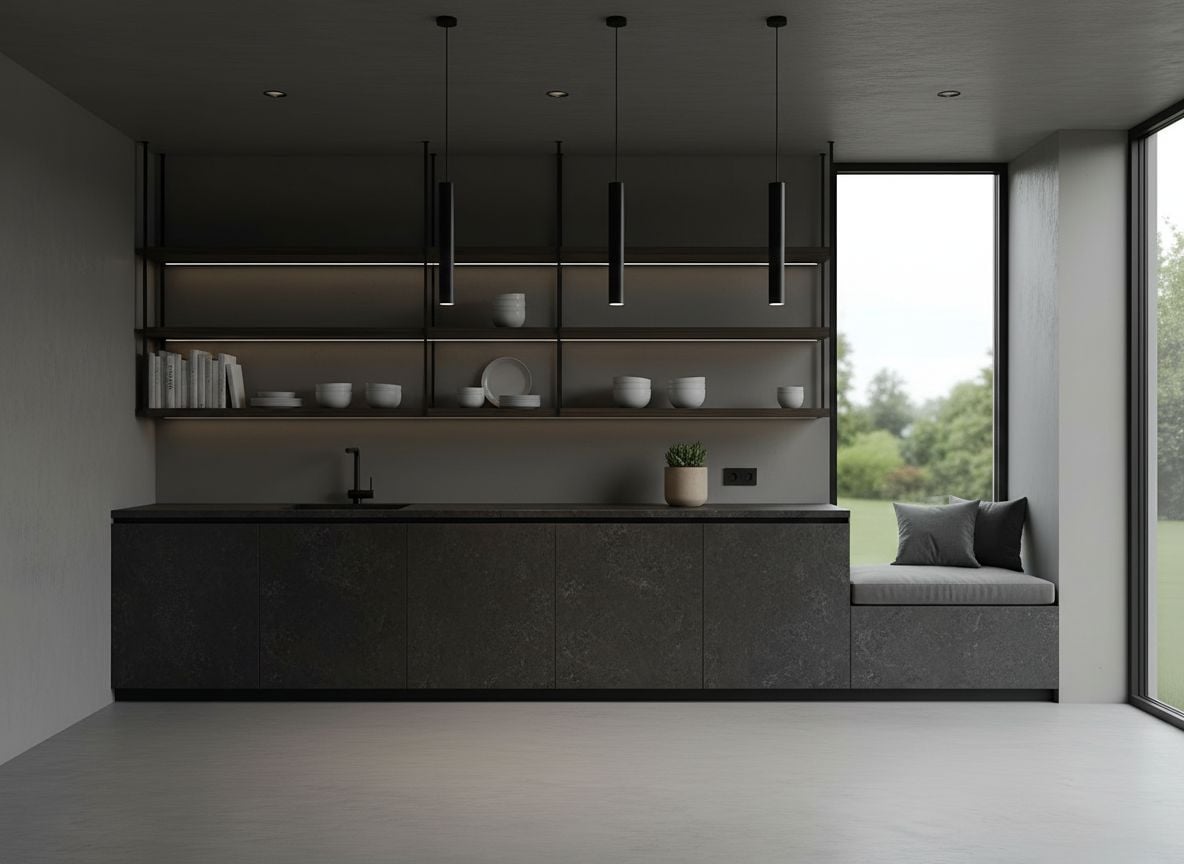 angle showing the kitchen workspace and window seat along the wall, with dark stone countertops, open shelving, and a small plant