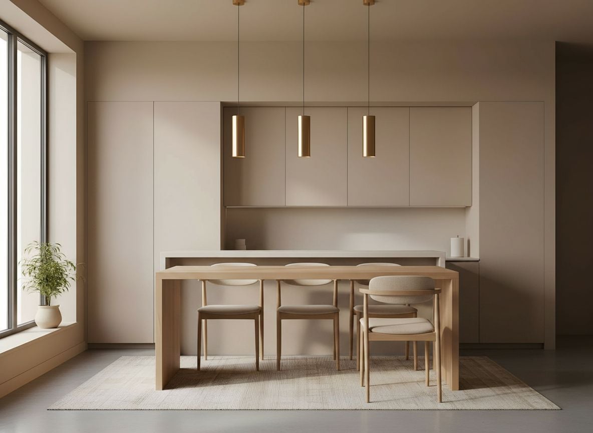 dining area adjacent to the kitchen in a beige minimalist space, featuring a light wood dining table, slim chairs, and a simple pendant light, with a neutral backsplash and ample counter space nearby