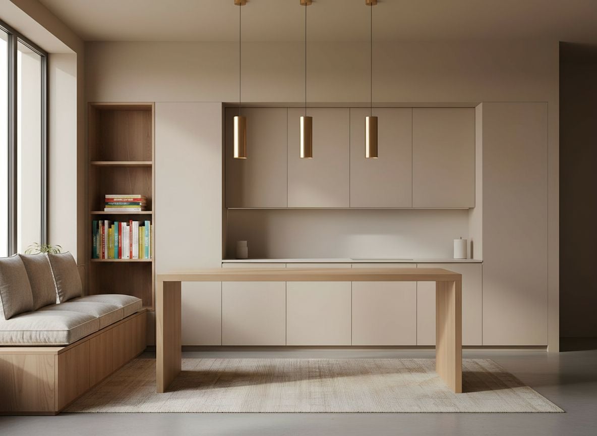 angle showing a cozy reading nook by a window in the same beige minimalist kitchen, with a built-in bench, cushions in oatmeal fabric, and a small shelf for cookbooks