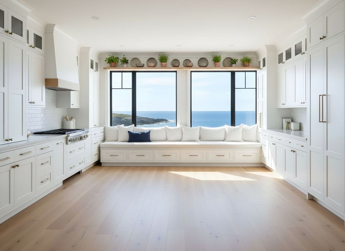 kitchen window seating view showing a built-in bench with white cushions, a small navy throw pillow, and a shelf displaying ceramics and potted herbs