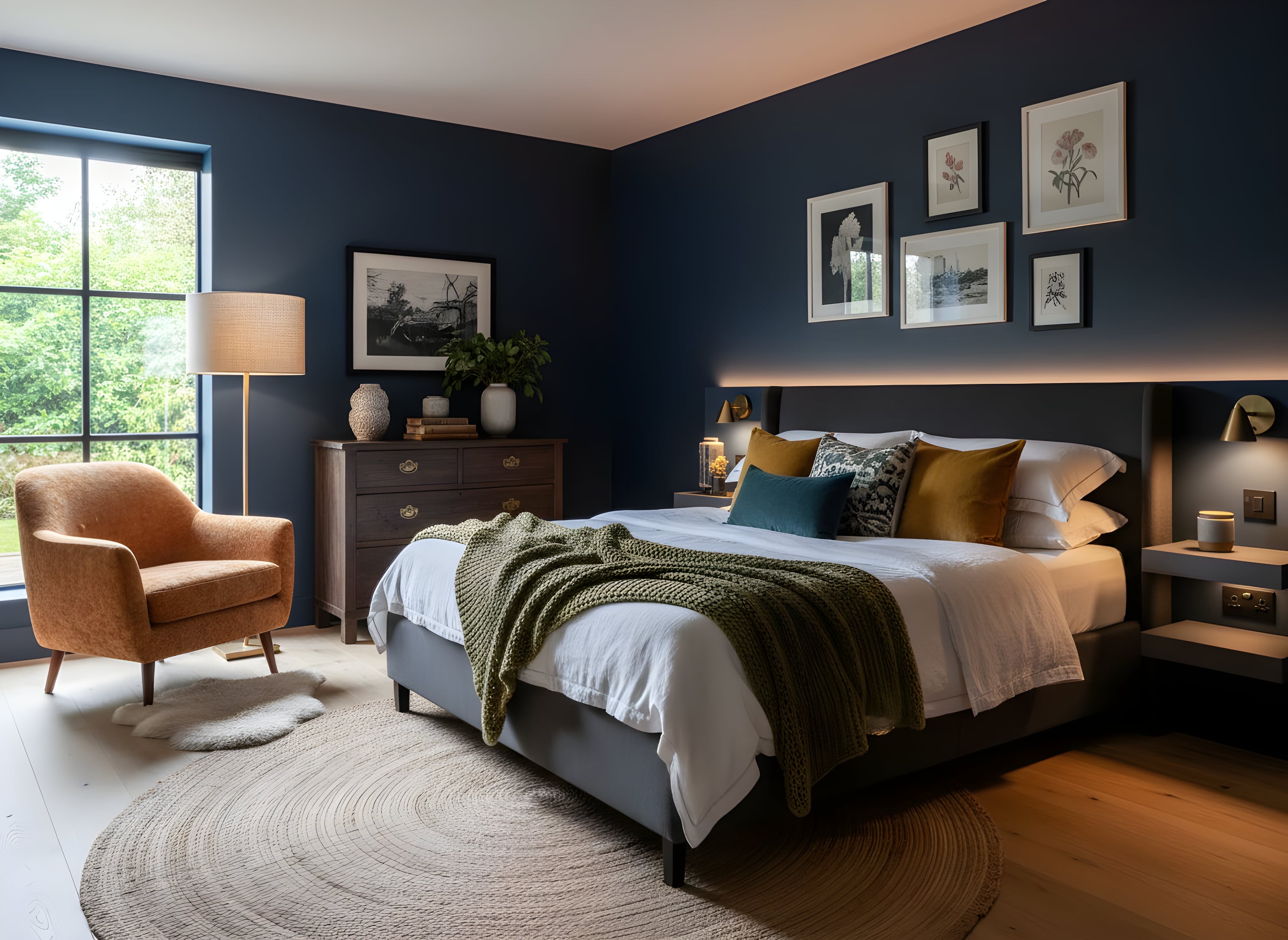 a professional architectural photograph of a navy-blue eclectic guest bedroom with a charcoal bed, layered textiles, a wooden dresser, a cozy reading chair by a window, and warm ambient lighting