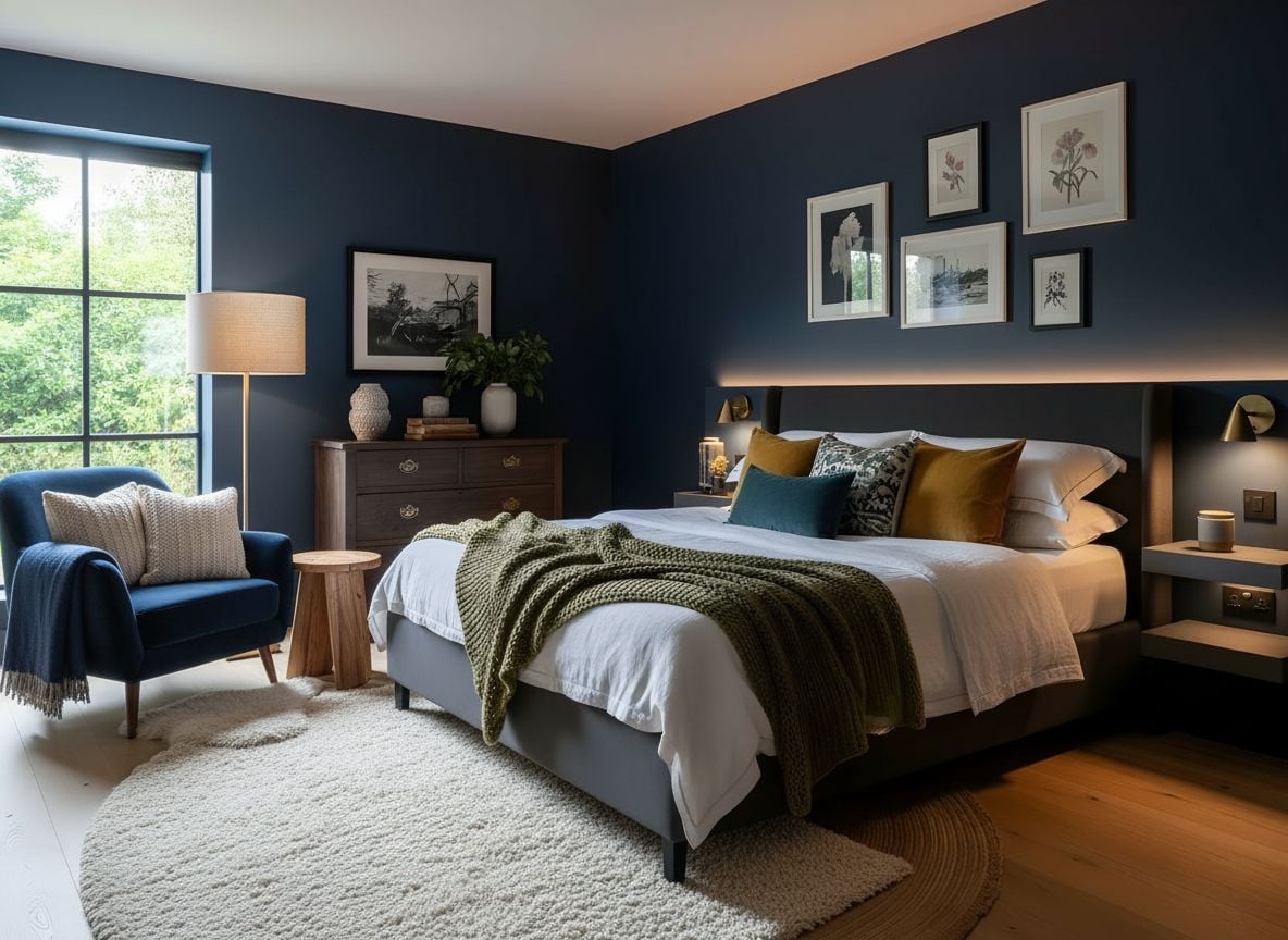 view of a reading nook near the window with a navy armchair, brass floor lamp, a small wooden side table, and a plush rug, showing a contrast of deep blue and cream textiles