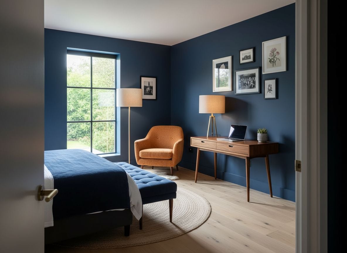 angle showing the bedroom’s workspace and entry area: a small desk with a table lamp against an accent wall with art, a bench at the foot of the bed, and navy bedding
