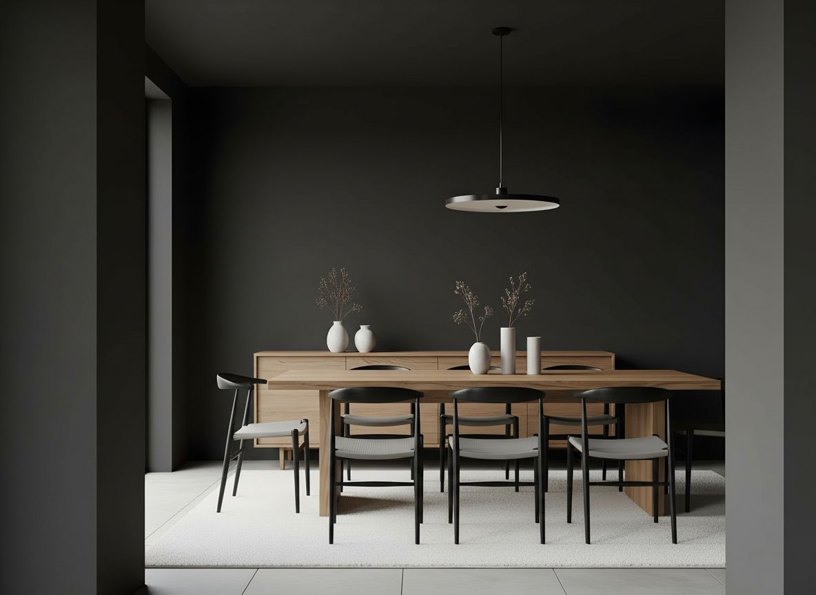 view of the dining area from the kitchen doorway showing the oak table, black pendant light, and low-profile sideboard against a pale wall