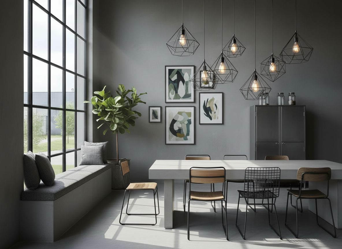 a secondary view of the same room focusing on a window seat with gray cushions, a tall steel cabinet, and wall art in a muted color palette