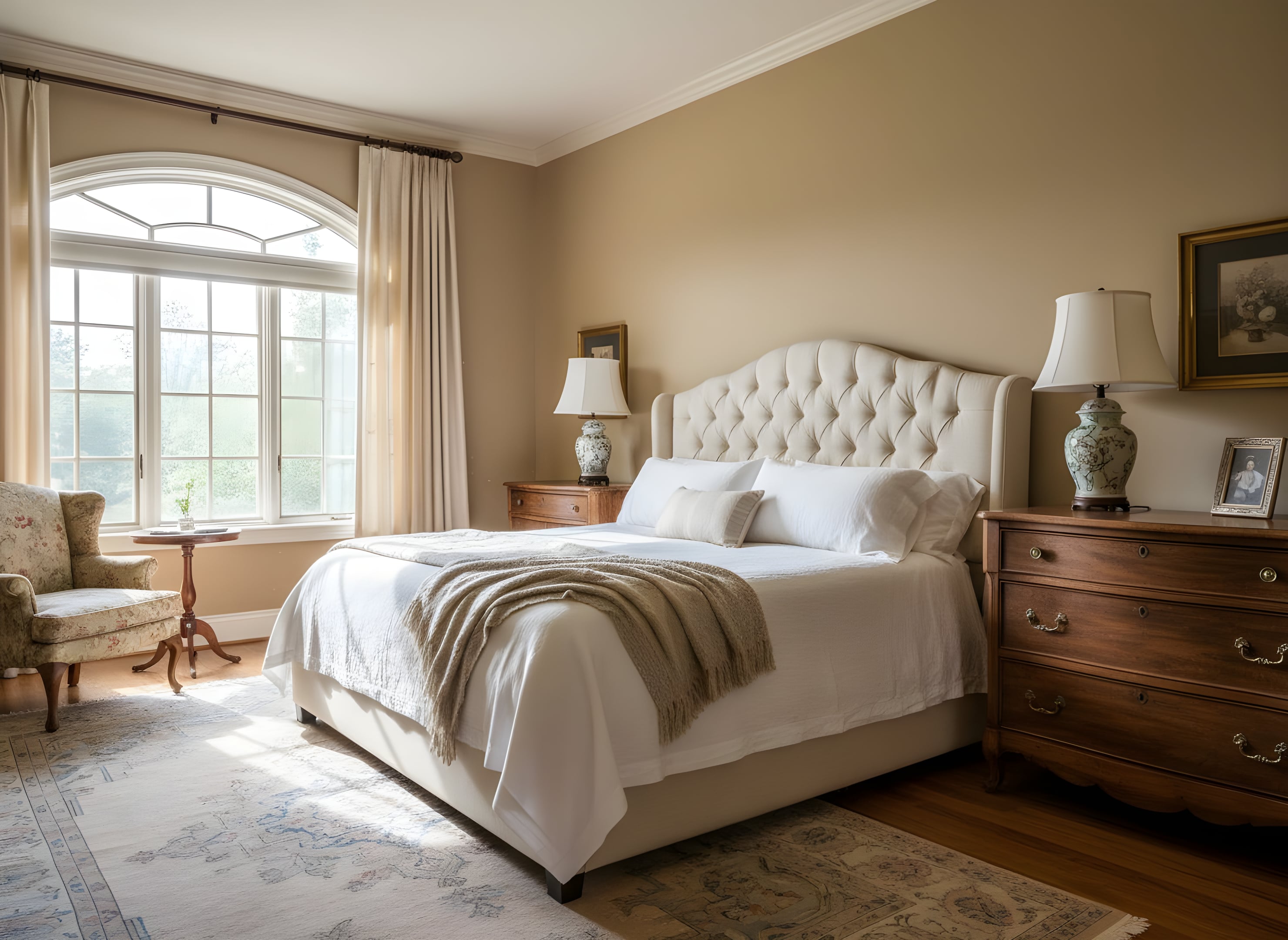 a professional architectural photograph of a vintage-style master bedroom featuring beige walls, a tufted cream headboard, an antique wooden dresser, and natural light from a large window