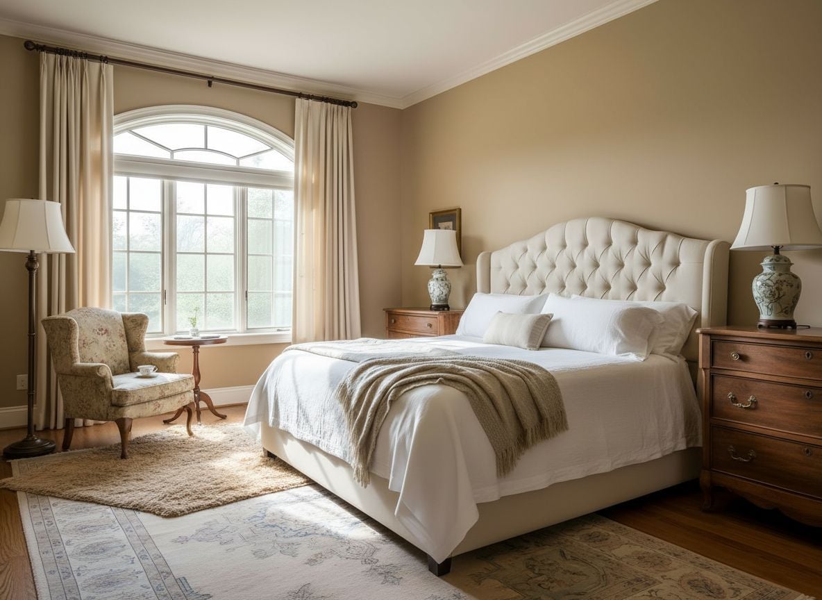 reading nook in the beige vintage master bedroom, with a plush armchair, a small wooden side table, a floor lamp, and a patterned rug near a window