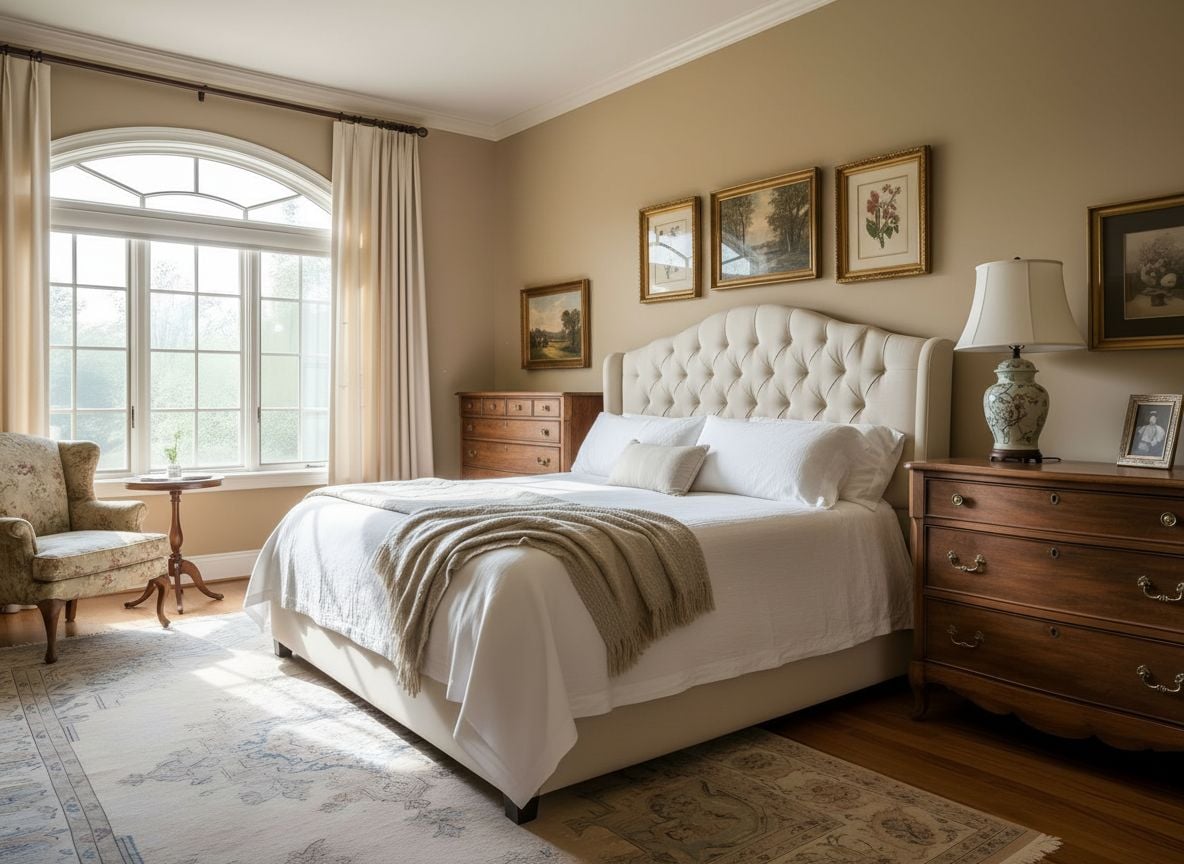 bed area view in the beige vintage master bedroom, showing a low-profile platform bed, built-in dresser, and framed art above the headboard
