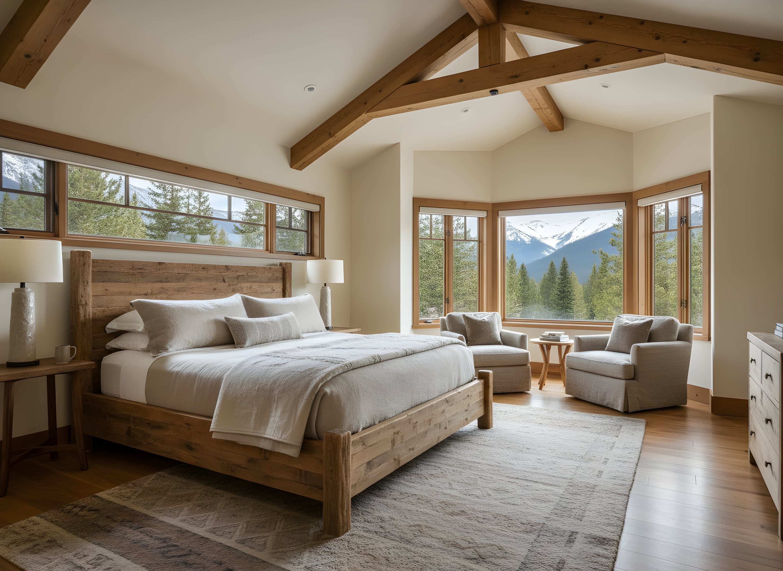 a professional architectural photograph of a master bedroom in a chalet style: ivory walls, exposed pine beams, a large wooden bed with neutral linens, a wool rug, wrap-around windows with soft natural light, and a seating nook by the window