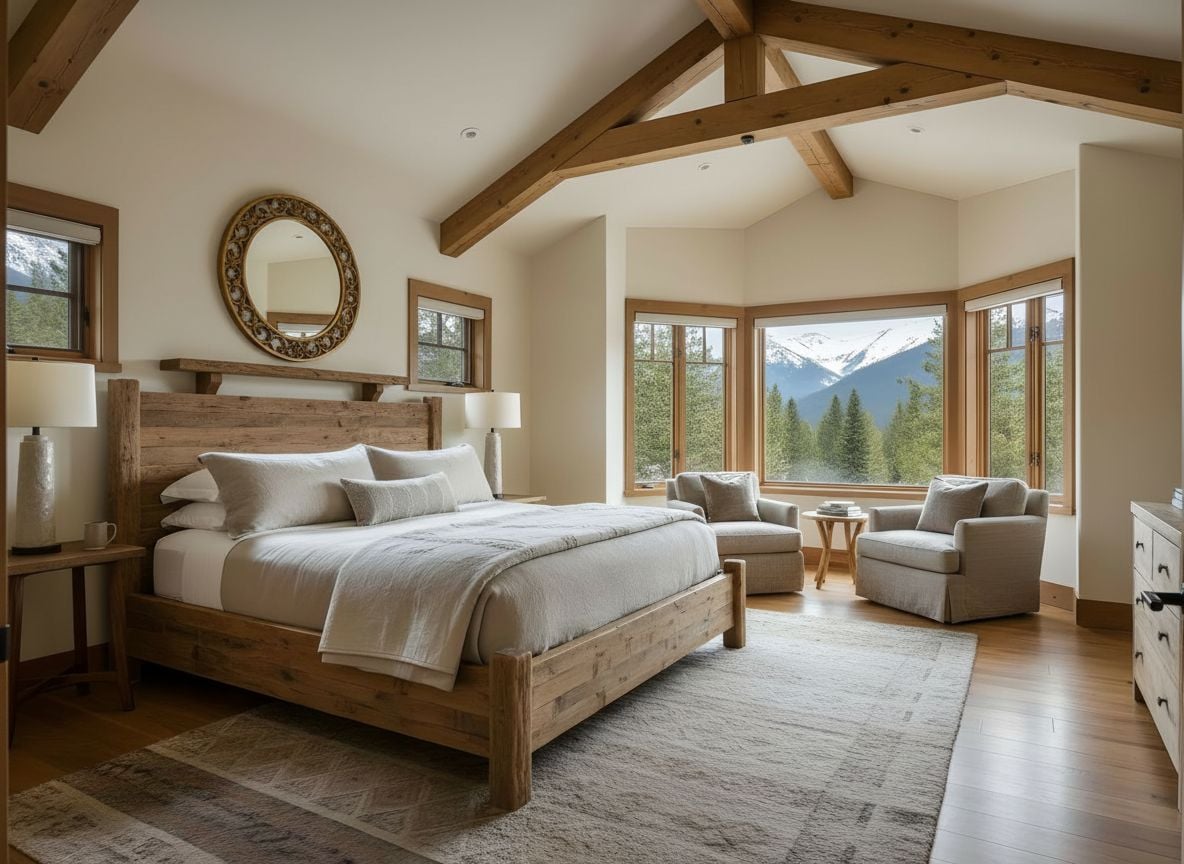 view of the bed area from the doorway showing a large wooden bed, ivory bedding, matching nightstands, and a simple mantle with a decorative mirror