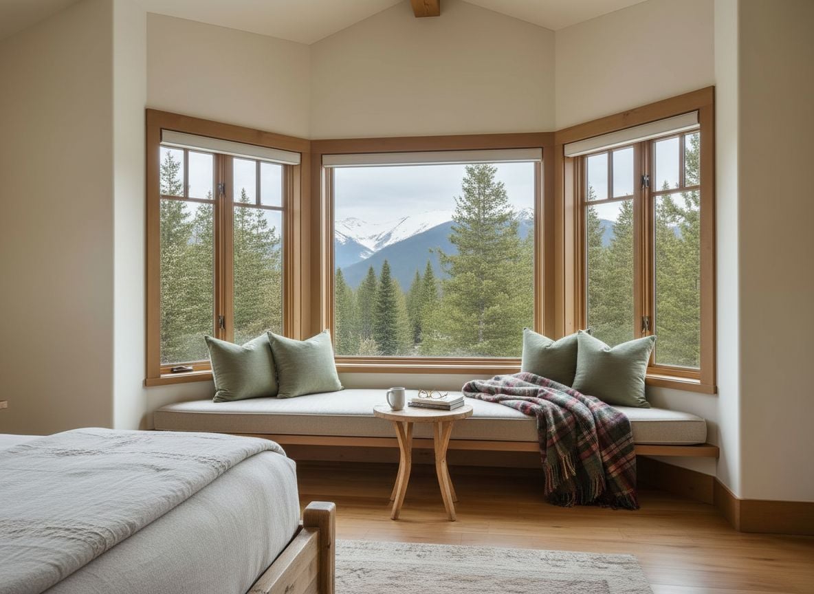 angle of a reading nook by the window featuring a built-in bench, soft cushions, a small side table, and a plaid throw