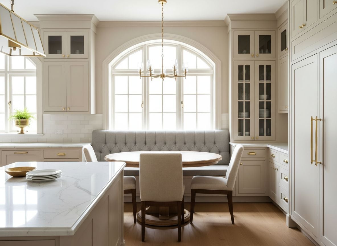 a different perspective of the same kitchen showing the dining nook adjacent to the island, with a glass-front china cabinet, beige upholstered chairs, a brass chandelier, and a tufted banquette along the window wall