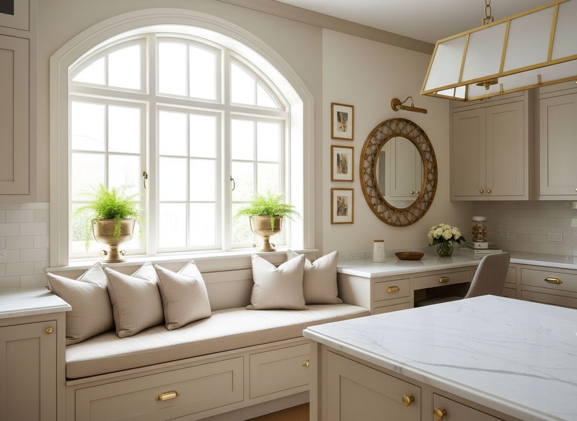 another angle focusing on the window seating and decorative wall with art: a built-in banquette in beige with coordinating cushions, a compact workstation on the opposite wall, and a statement mirror reflecting warm light