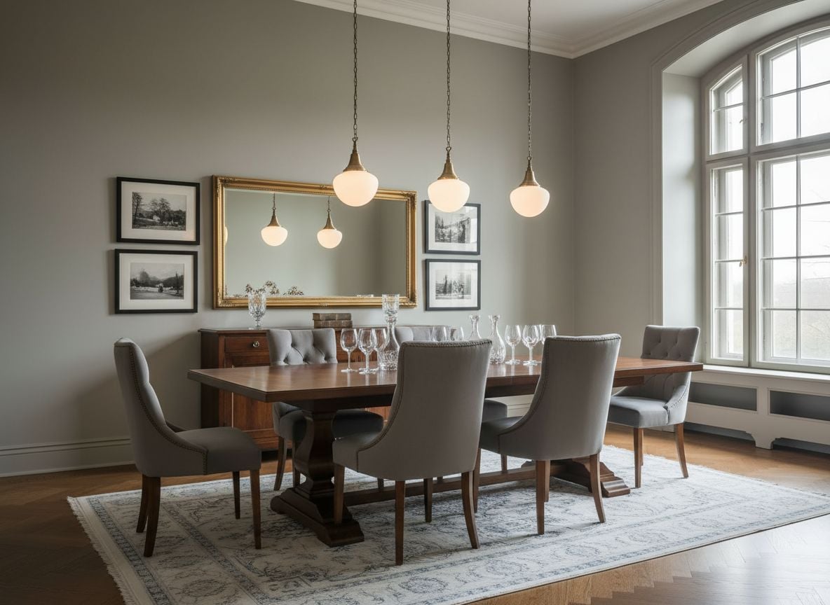another angle showcasing an accent wall with framed art, a sideboard, and a display of glassware on the table, with a brass mirror above