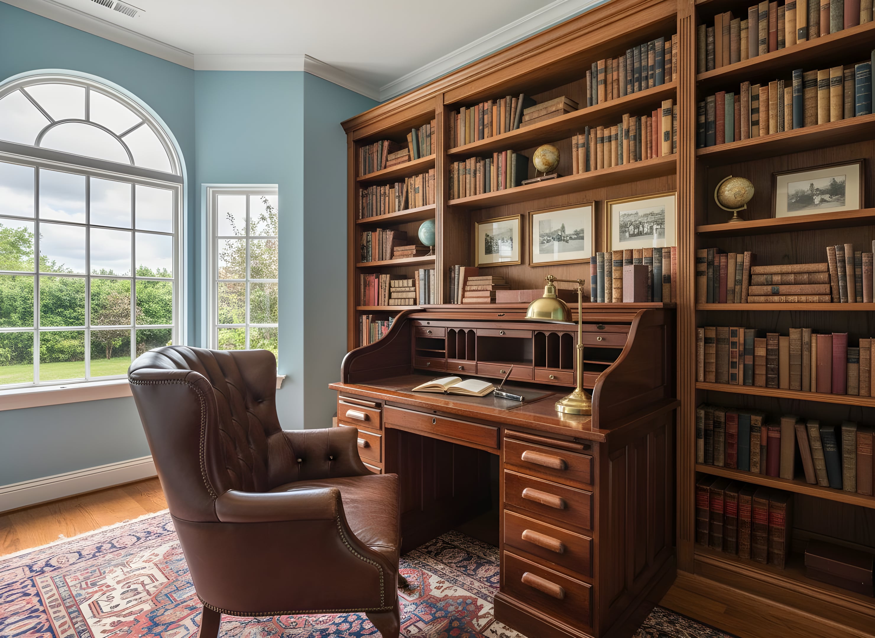 a professional architectural photograph of a vintage-inspired home office with sky-blue walls, a wooden roll-top desk, a classic leather chair, brass desk lamp, shelves of books, and natural light from a large window