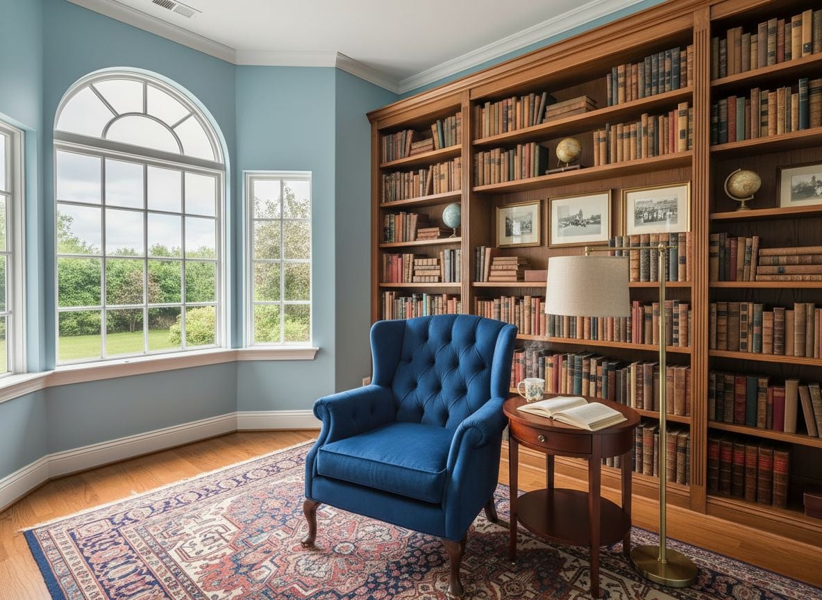 angle view of a reading nook within the same room, featuring a plush armchair, a small round side table, a floor lamp, and a tall bookshelf against sky-blue walls
