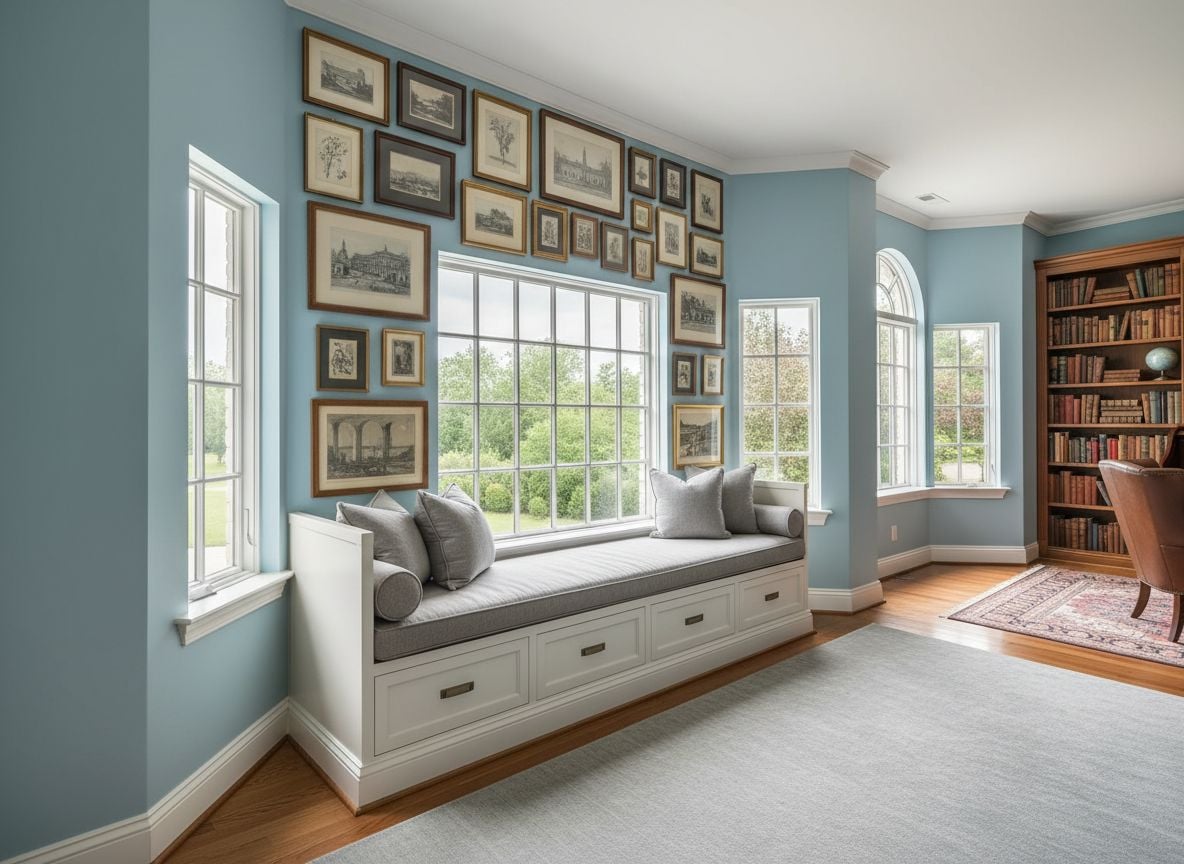another angle showing a window seat built into the bay window, under a gallery wall of vintage art prints, with a soft gray rug and a maple wood floor