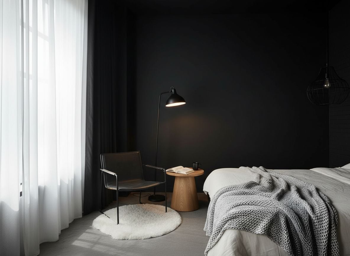 Reading nook in a black-industrial guest bedroom: a low-profile black leather armchair beside a tall metal floor lamp, a small oak side table, and a window with black-out and sheer curtains