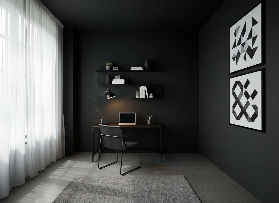 Work corner in the same room: a compact black metal desk, wall-mounted shelving, task lamp, and framed monochrome art on a dark wall