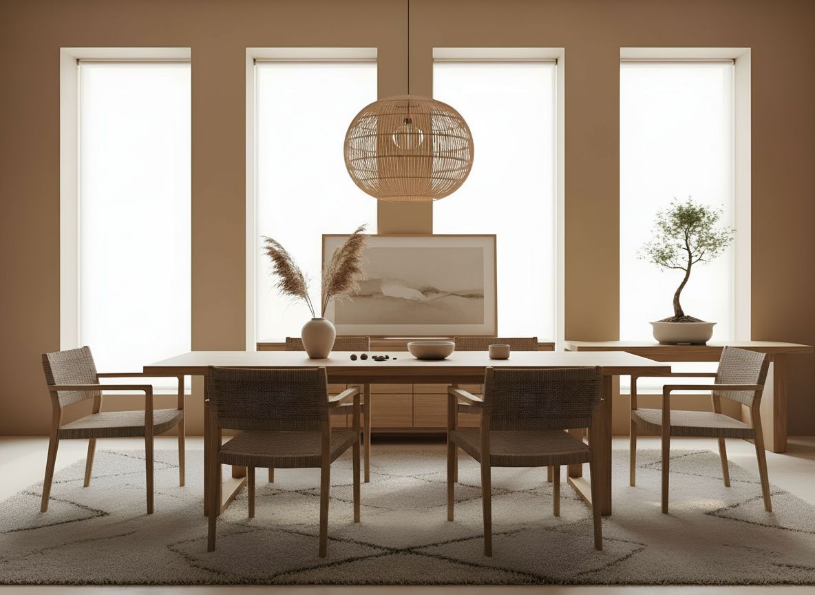 close-up view of the dining area showing a rectangular light wood table with beige upholstered chairs, a low-profile sideboard, and a framed neutral-toned artwork on a pale wall
