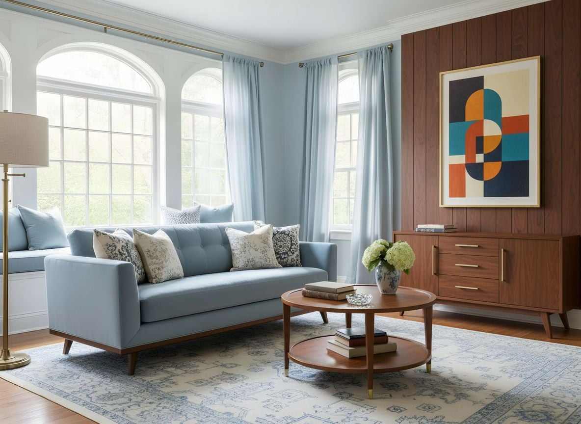 view toward the accent wall with art, showcasing a retro-inspired sofa, sky-blue walls, and a walnut sideboard