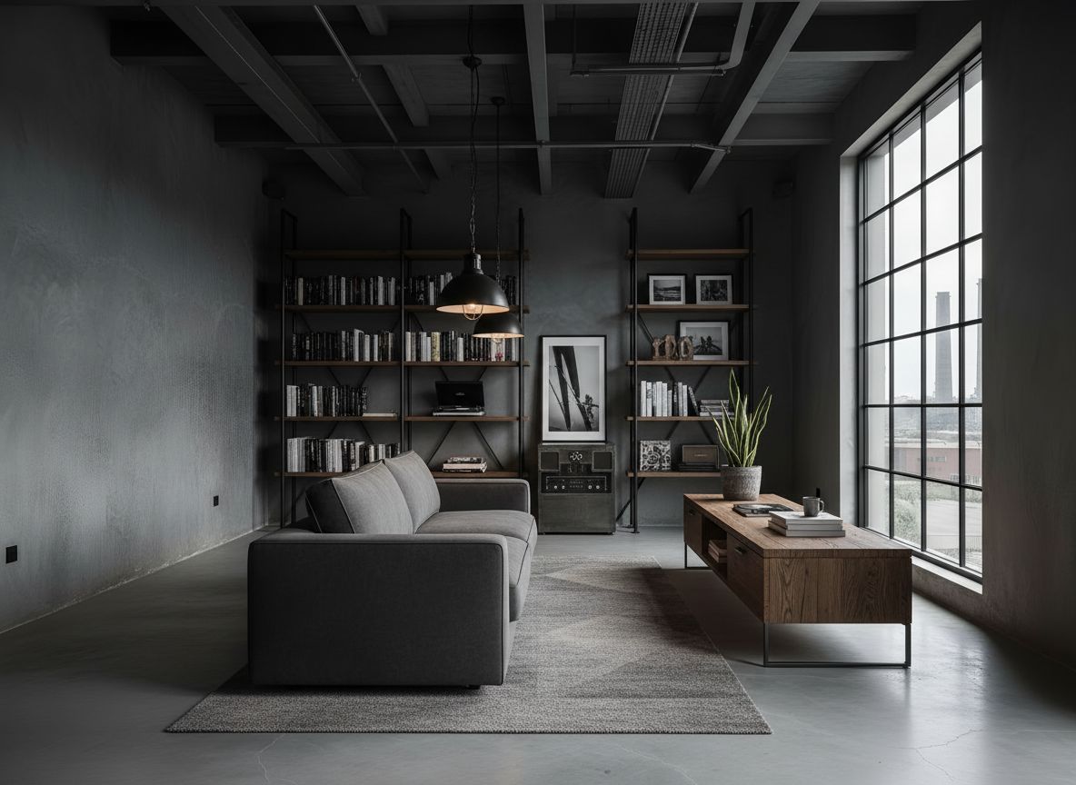 angle of a secondary zone in the room featuring a reading nook with a charcoal sofa, a wooden console, and industrial-style shelving near a large window
