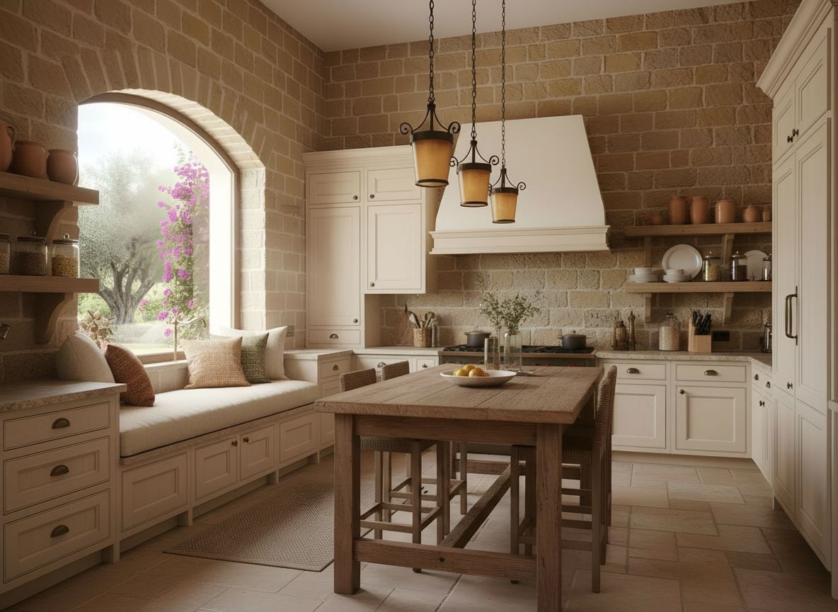 kitchen with a window seat along the counter, showcasing beige cabinetry, terracotta floor tiles, and a metal pendant light
