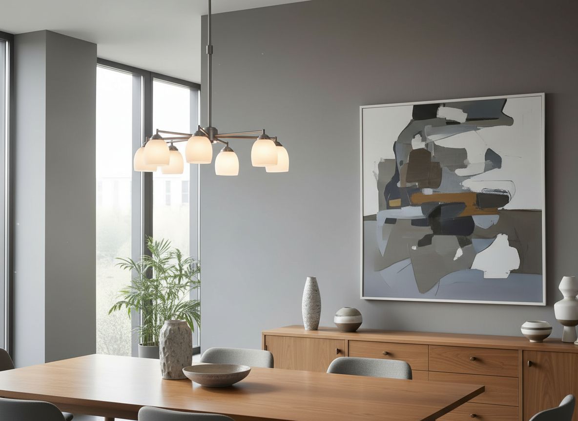 angle focusing on the room’s accented wall and lighting: a gray-painted wall with a geometric art piece, a slender console, and an arrangement of pendant lights over the table