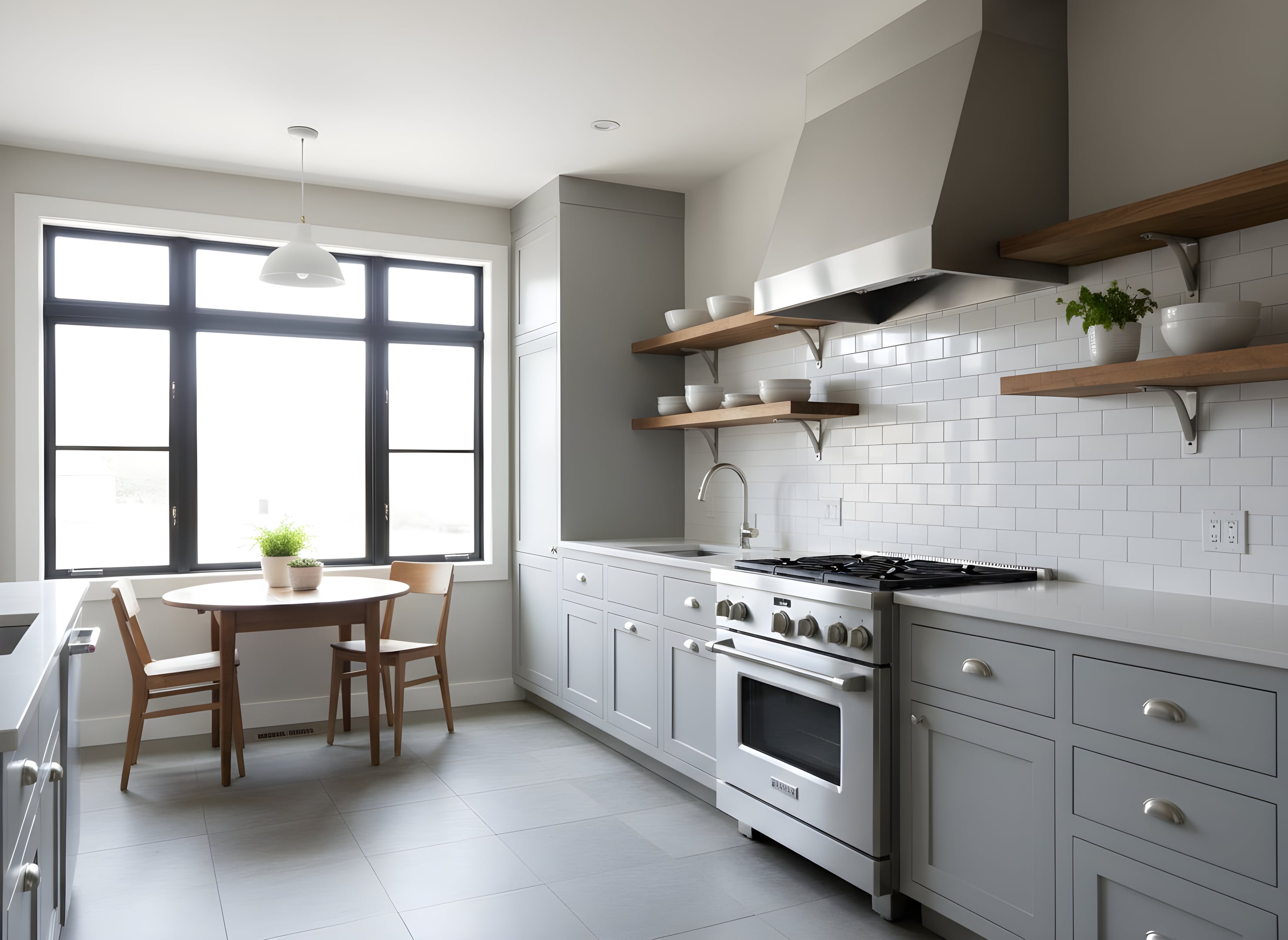a professional architectural photograph of a retro gray kitchen featuring soft gray upper and lower cabinets, warm wood floating shelves, a white subway tile backsplash, a stainless steel range, and natural light from a large window