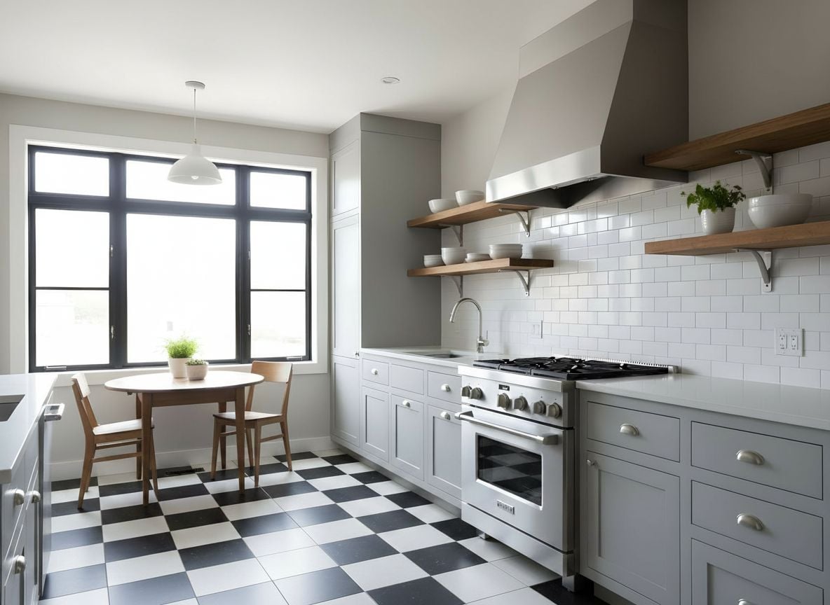 view of the kitchen from the doorway showing the dining nook with a round wooden table, gray cabinets, a pendant light, and a checkerboard floor