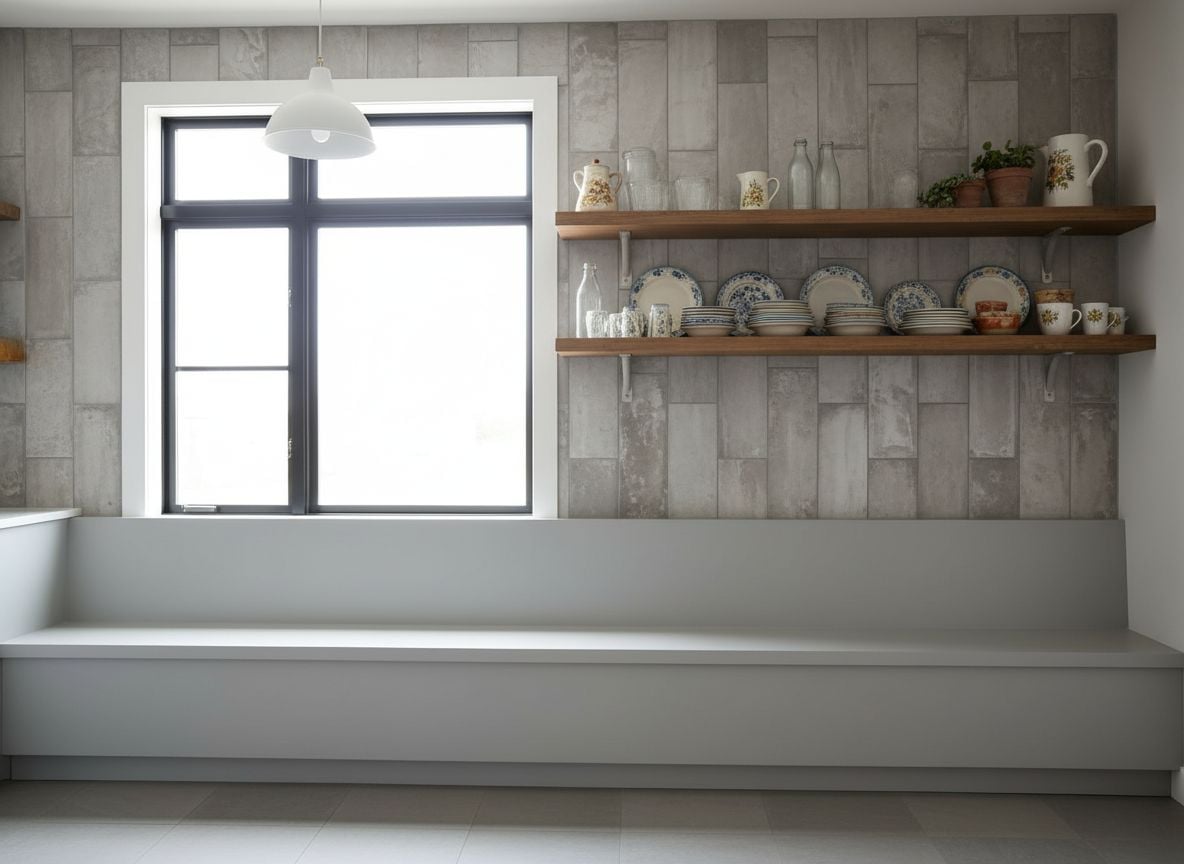 angle focusing on the window seating area with built-in gray bench, split-face concrete backsplash, and open shelving displaying vintage dishware