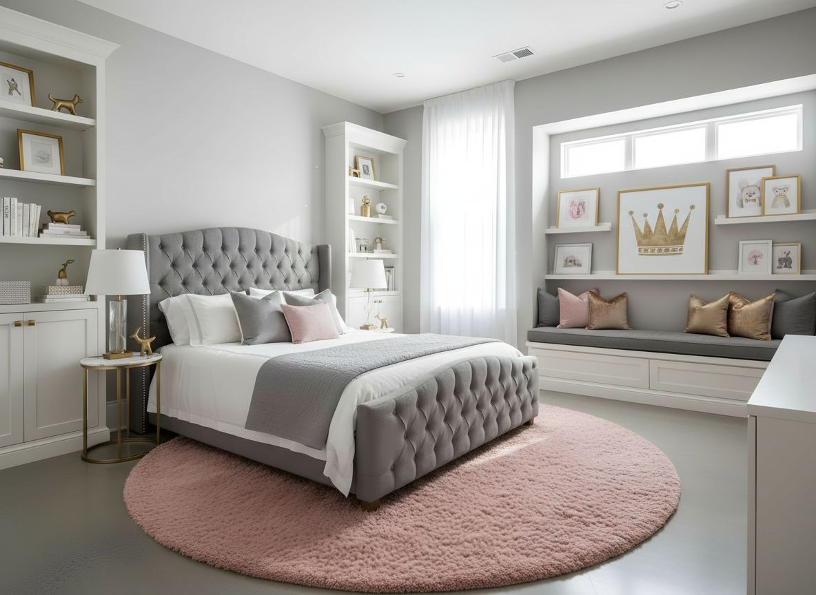 an angled view of a glam gray kids room showing a window seating area and an art wall: pale gray curtains, a cushioned window bench, framed playful art, and gold-accented picture ledges