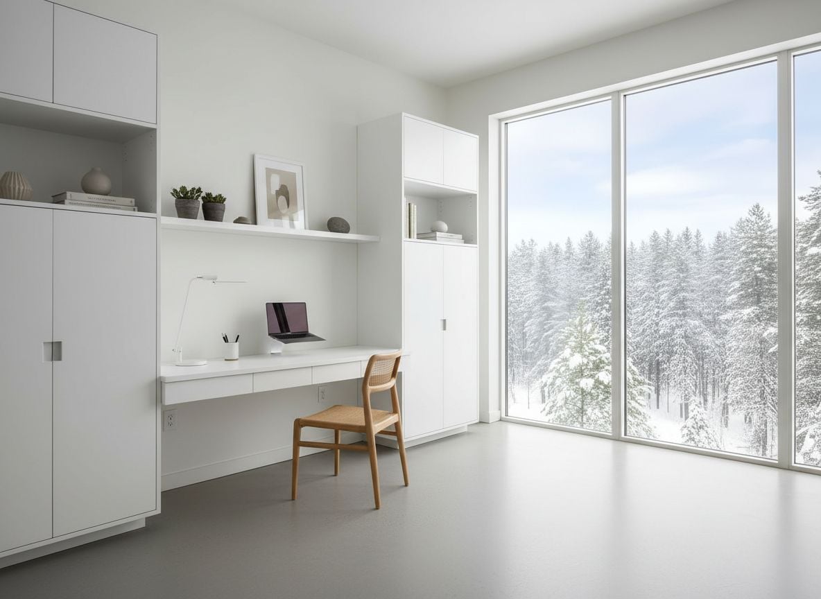 Another angle showing a workspace corner with a white modular storage unit, a slim desktop with minimal accessories, and a wall-mounted shelf displaying simple decor