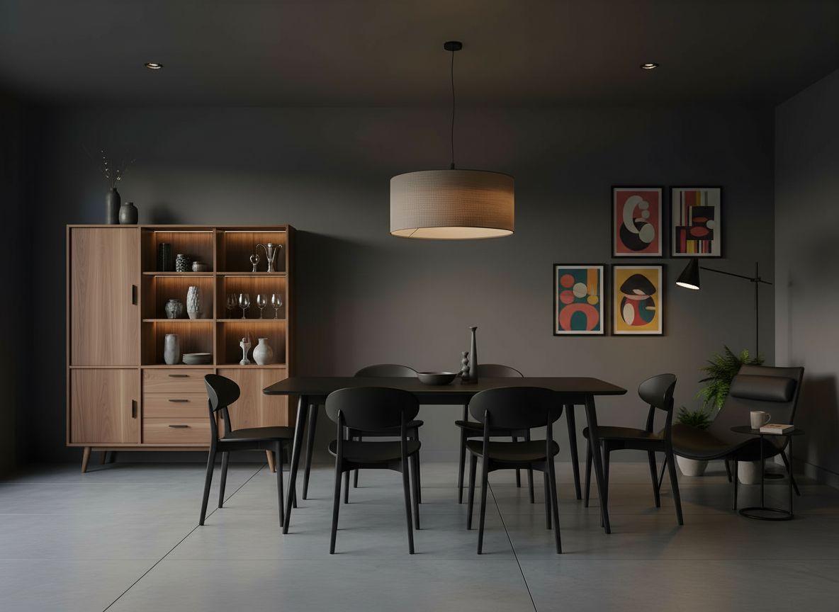 angle showing a reading nook near the dining area with a black lounge chair, a small round table, a floor lamp, and a wall with retro art framed in black