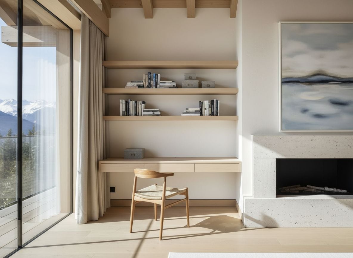 another view showing the bedroom's workspace corner with a compact desk, a wooden chair, and shelving styled with books and decorative boxes, plus a view of the fireplace surface and wall art