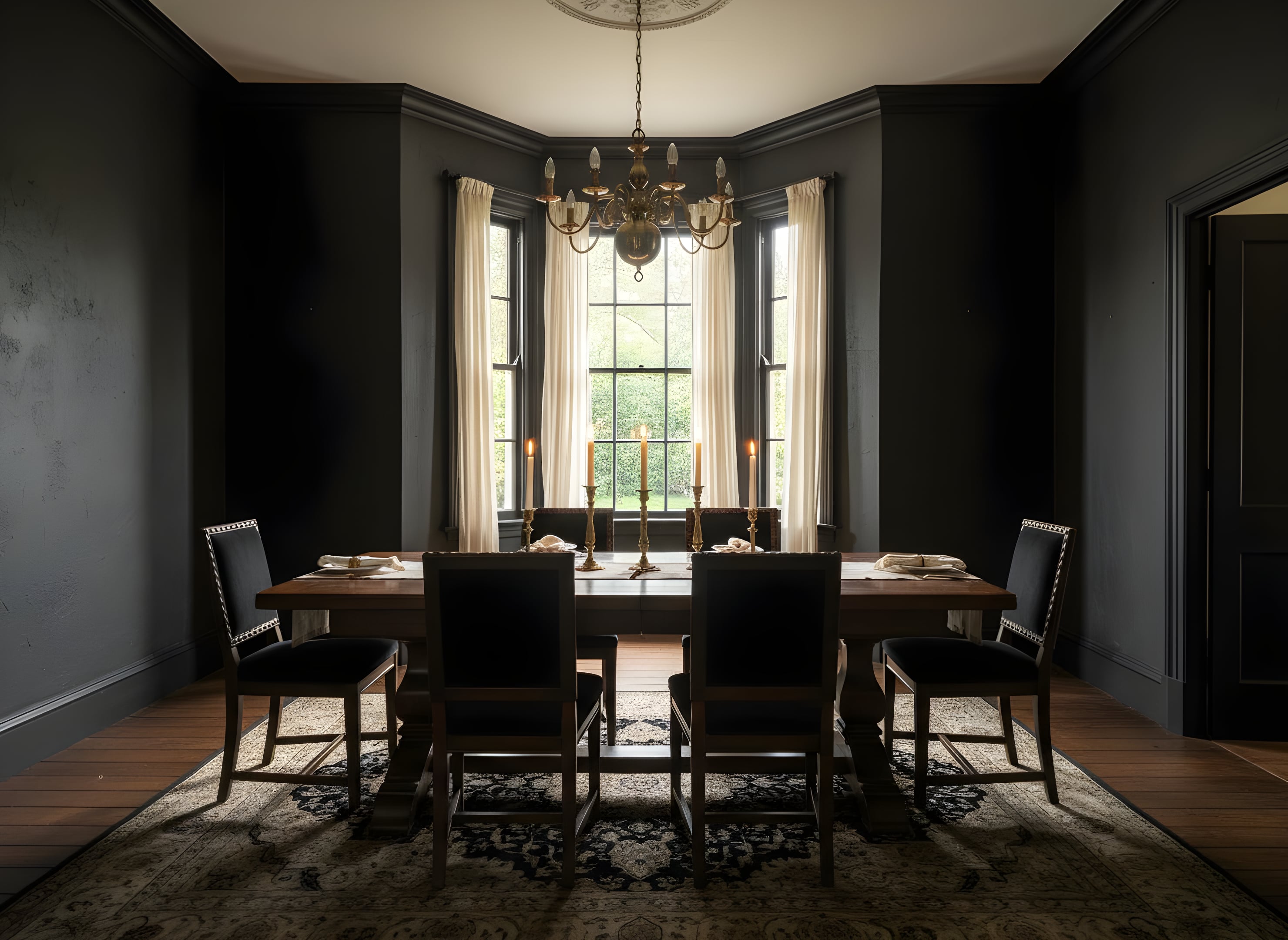 a professional architectural photograph of a vintage black dining room: black walls with subtle texture, a dark wooden dining table with brass candlesticks, black upholstered chairs, cream linens, and warm natural light from a bay window