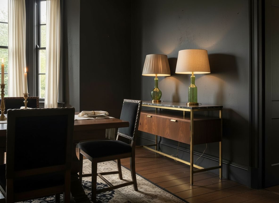 Dining area close-up showing a black velvet upholstered dining chair, brass-legged sideboard, and a marble-topped console with vintage table lamps