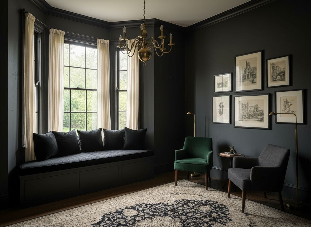 Overview of the room from the doorway showing a window seat with black cushions, a wall with vintage art in black frames, and a second seating nook